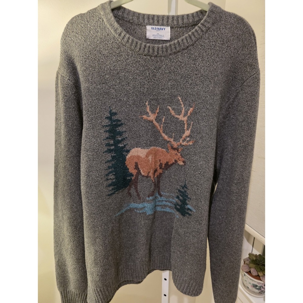 Old Navy SoSoft Mens Gray Elk Deer Scenic Graphic Crew Neck Sweater 2XL Gorpcore
